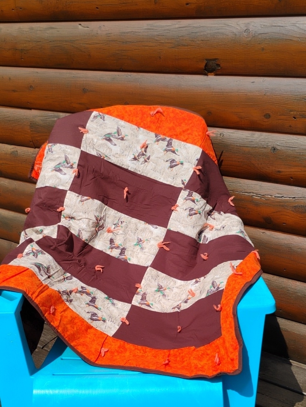 🦆 DUCKS  PATCHWORK Lap Quilt or Wall Hanging Orange & Brown OOAK  🪶